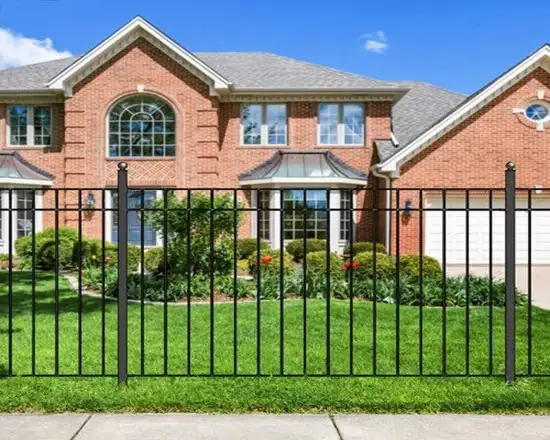 Rod top fence with vertical bar design for security.